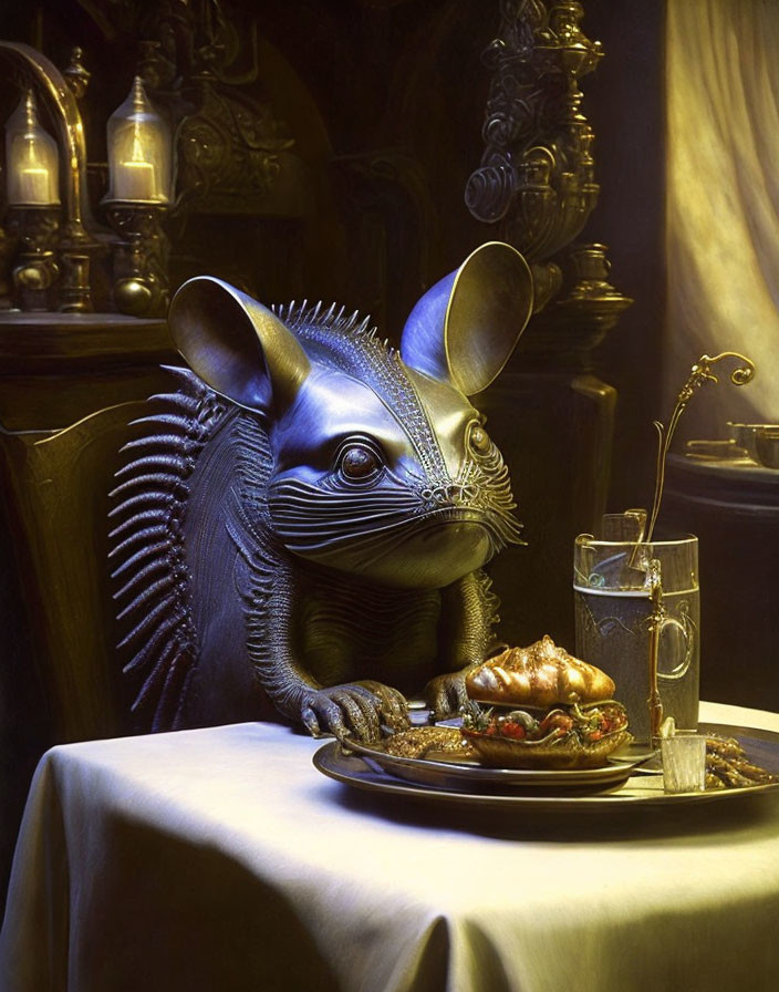 Anthropomorphic rat character dining in dimly lit setting