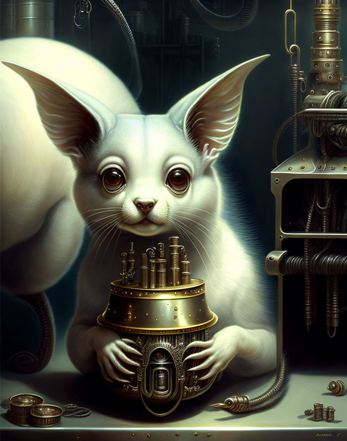 Surreal illustration of oversized anthropomorphic feline with mechanical device in industrial setting