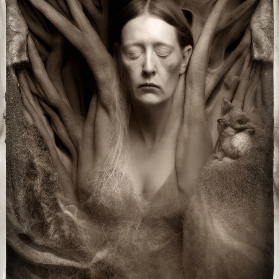 Sepia-Toned Image: Woman with Closed Eyes and Owl on Shoulder