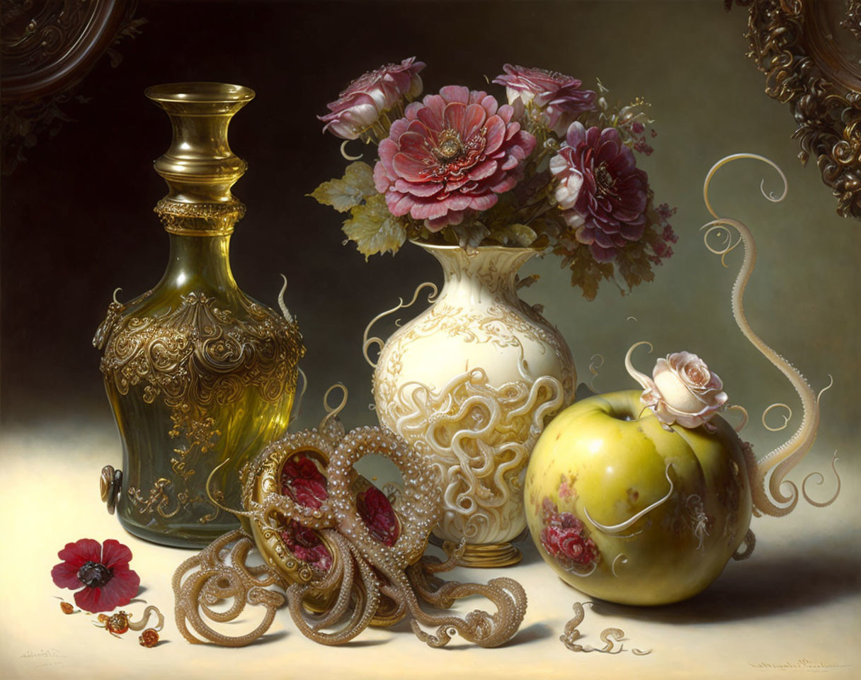 Intricately designed golden and white vases with green apple and flowers