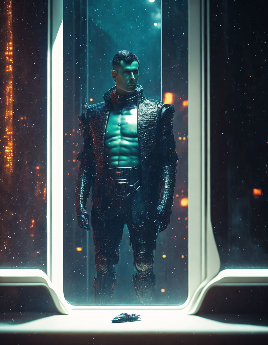 Futuristic armored man in neon-lit cityscape with falling snowflakes