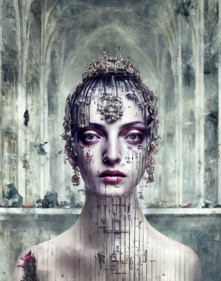 Portrait of woman with ornate crown, gothic makeup, tears, and cathedral-like background