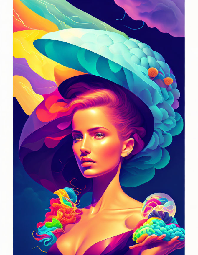 Colorful surreal digital artwork of a woman with cloud-like hair on dark background