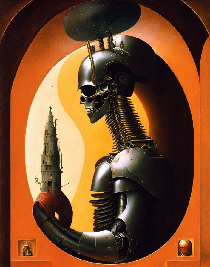 Surreal painting of robotic knight with skull head holding castle on red-orange backdrop