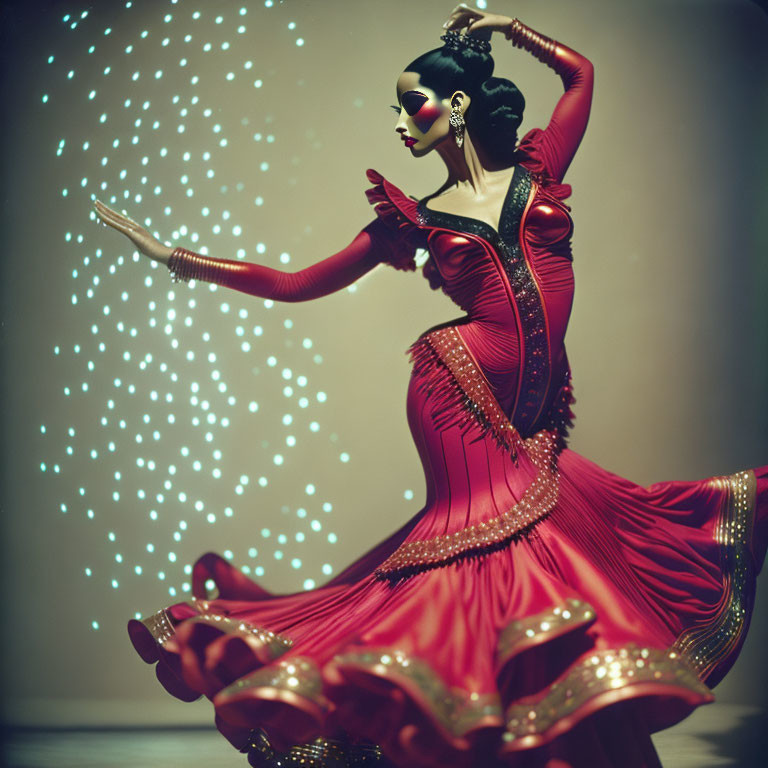 Stylized image of woman in red flamenco dress with fan and sparkling background