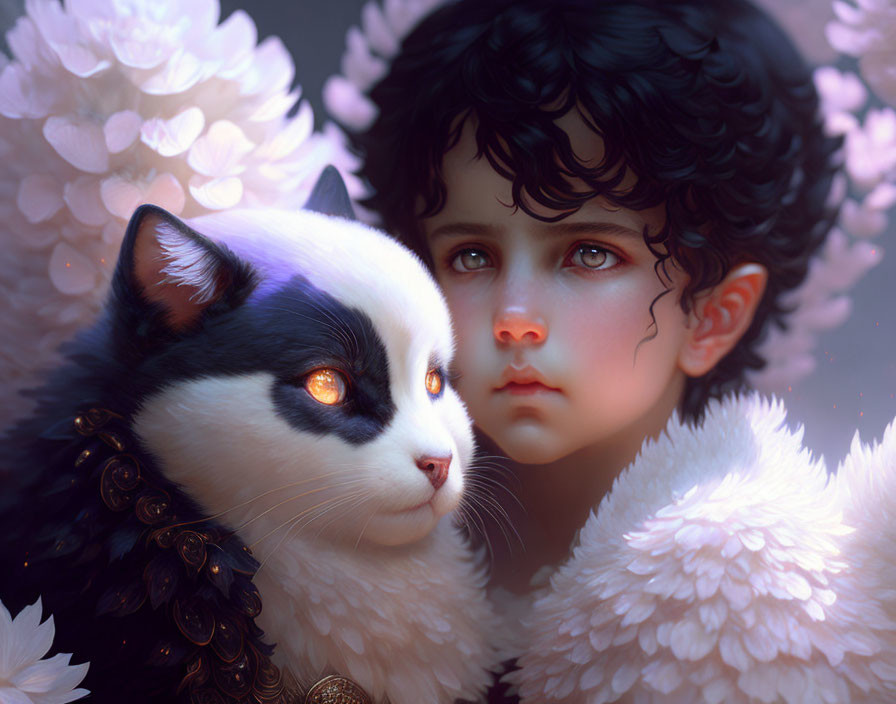 Young child with dark curly hair and cat among pink blossoms