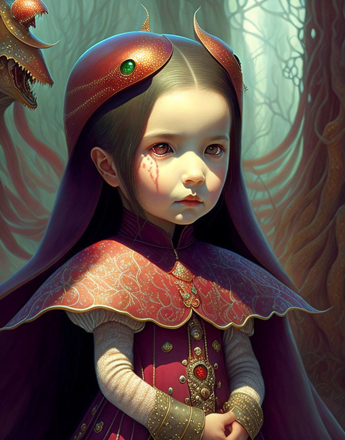 Young girl in regal attire with jeweled crown and red cloak in forest with subtle scar.