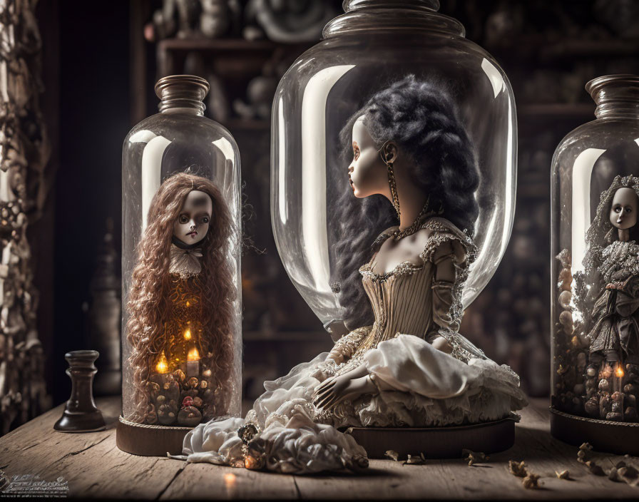 Intricate vintage dolls in glass jars with antique collectibles in dimly lit setting