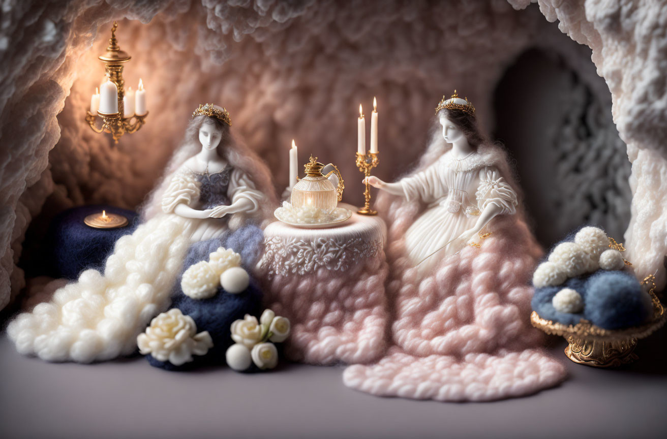 Figurines in dreamy setting with candelabras, resembling fantasy queens in cozy cave