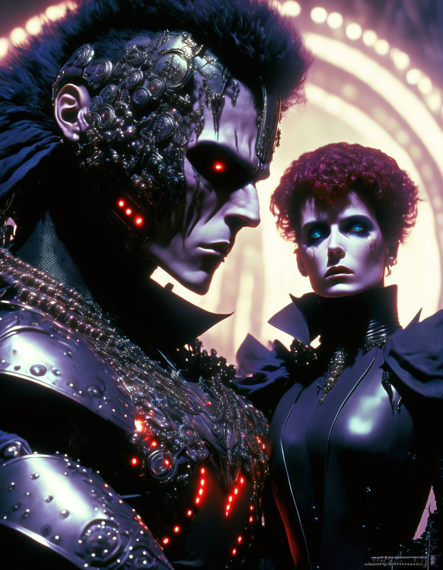 Futuristic goth couple in elaborate glowing red costumes