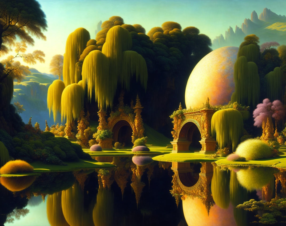 Fantasy landscape with arching stone gateways and weeping willow-like trees