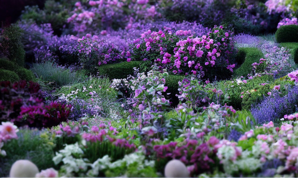 Lush garden with purple flowers and green shrubbery