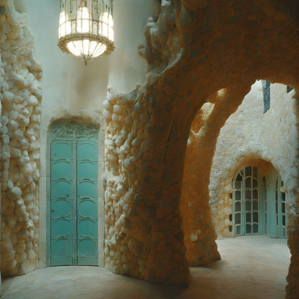 Stone Walls and Arches, Turquoise Door, Chandelier in Rustic Interior