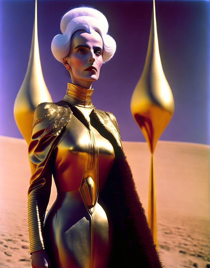 Futuristic character with white hair in gold-black attire against desert backdrop