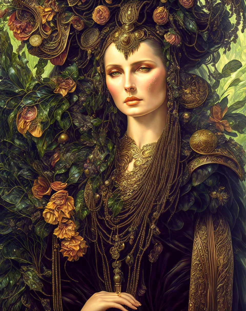 Intricate portrait of woman with gold jewelry in lush green setting