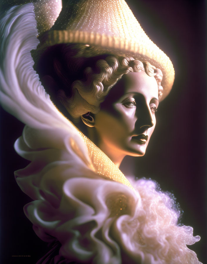 Elaborate White and Gold Attire with Wide-Brimmed Hat and Ruffled Collar