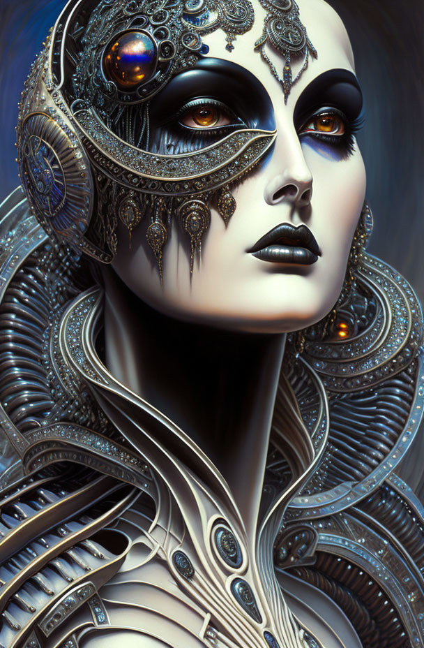 Futuristic female figure with metallic headgear and facial adornments