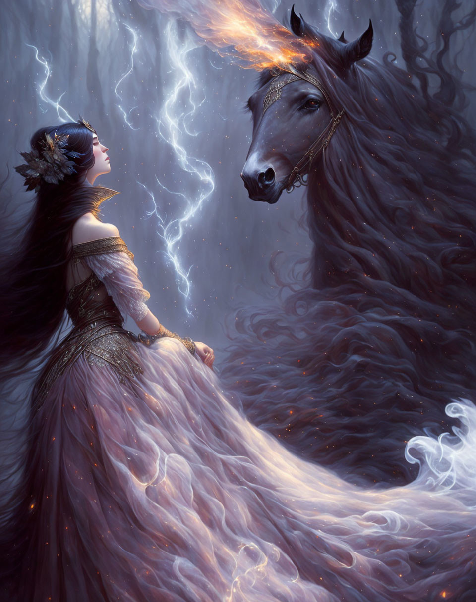 Woman in elegant dress gazes at majestic horse in mystical fog with ethereal lightning.