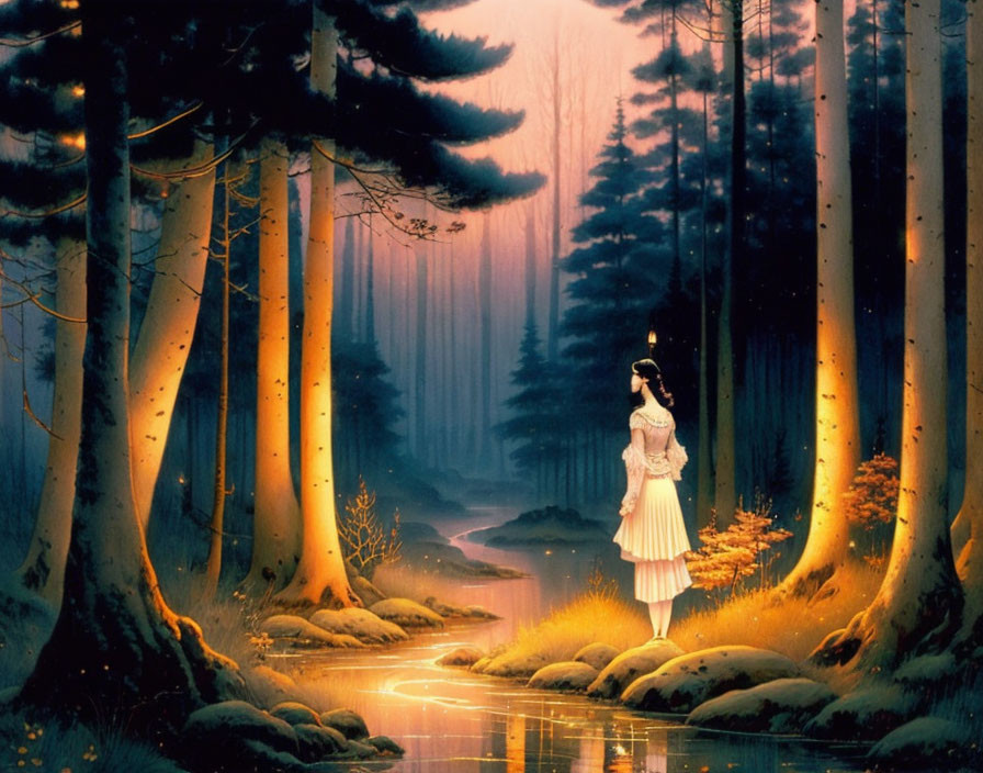 Woman in white dress by forest creek at twilight with tall trees and mist.