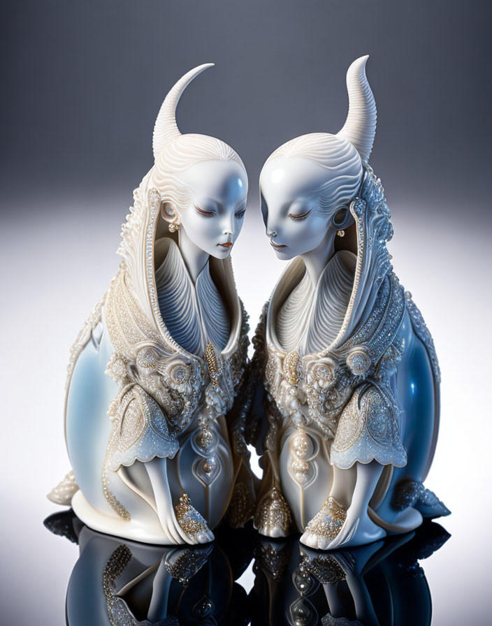 Pair of horned figurines with intricate detailing symbolizing symbiosis.