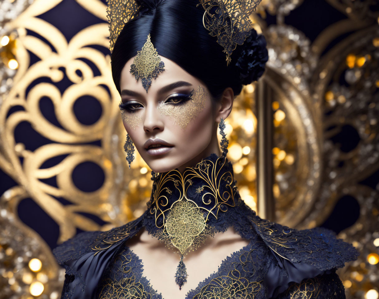 Elaborate Gold Makeup and Ornate Outfit on Woman