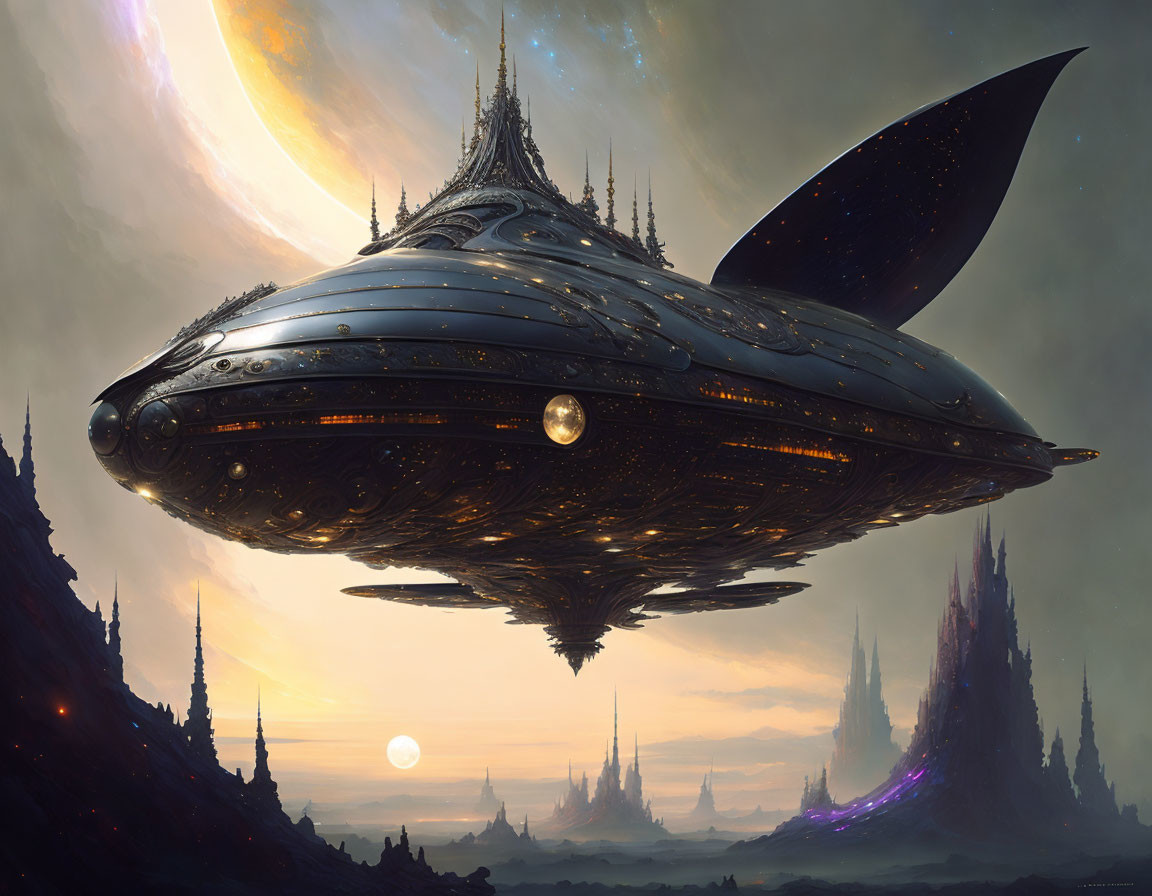 Ornate spaceship above alien landscape with spire-like structures