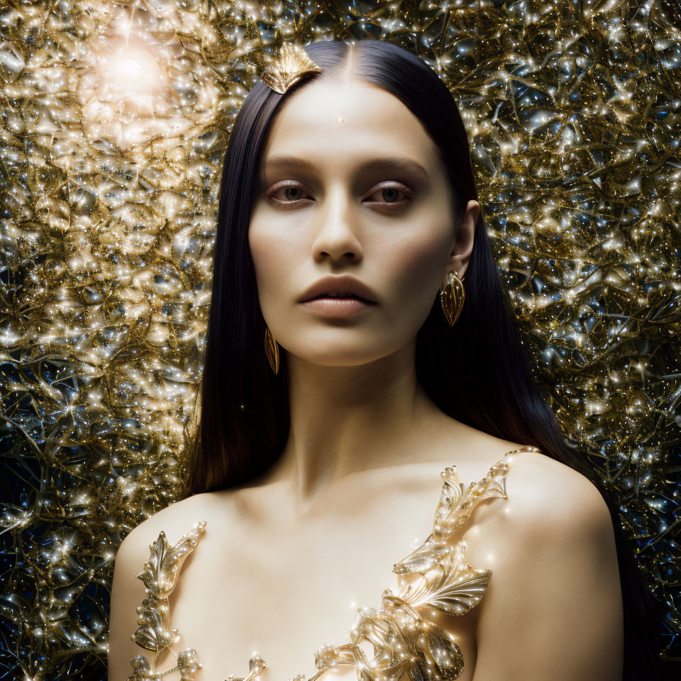 Dark-haired woman with gold leaf accessories on sparkly golden backdrop