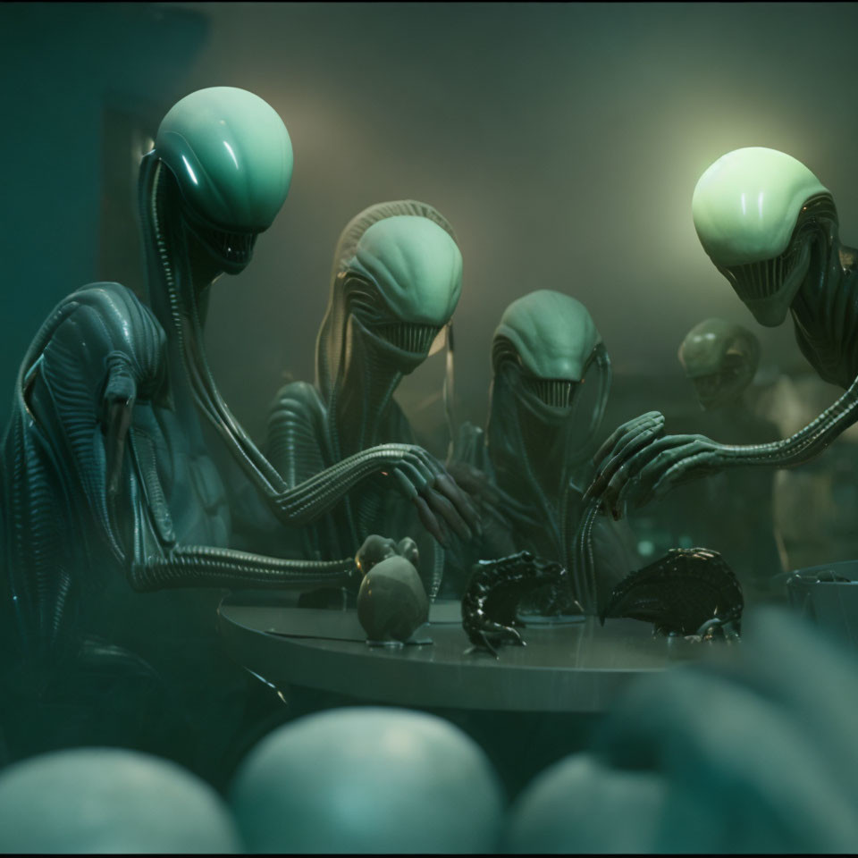 Elongated-headed alien creatures in dimly lit room gathered around a table