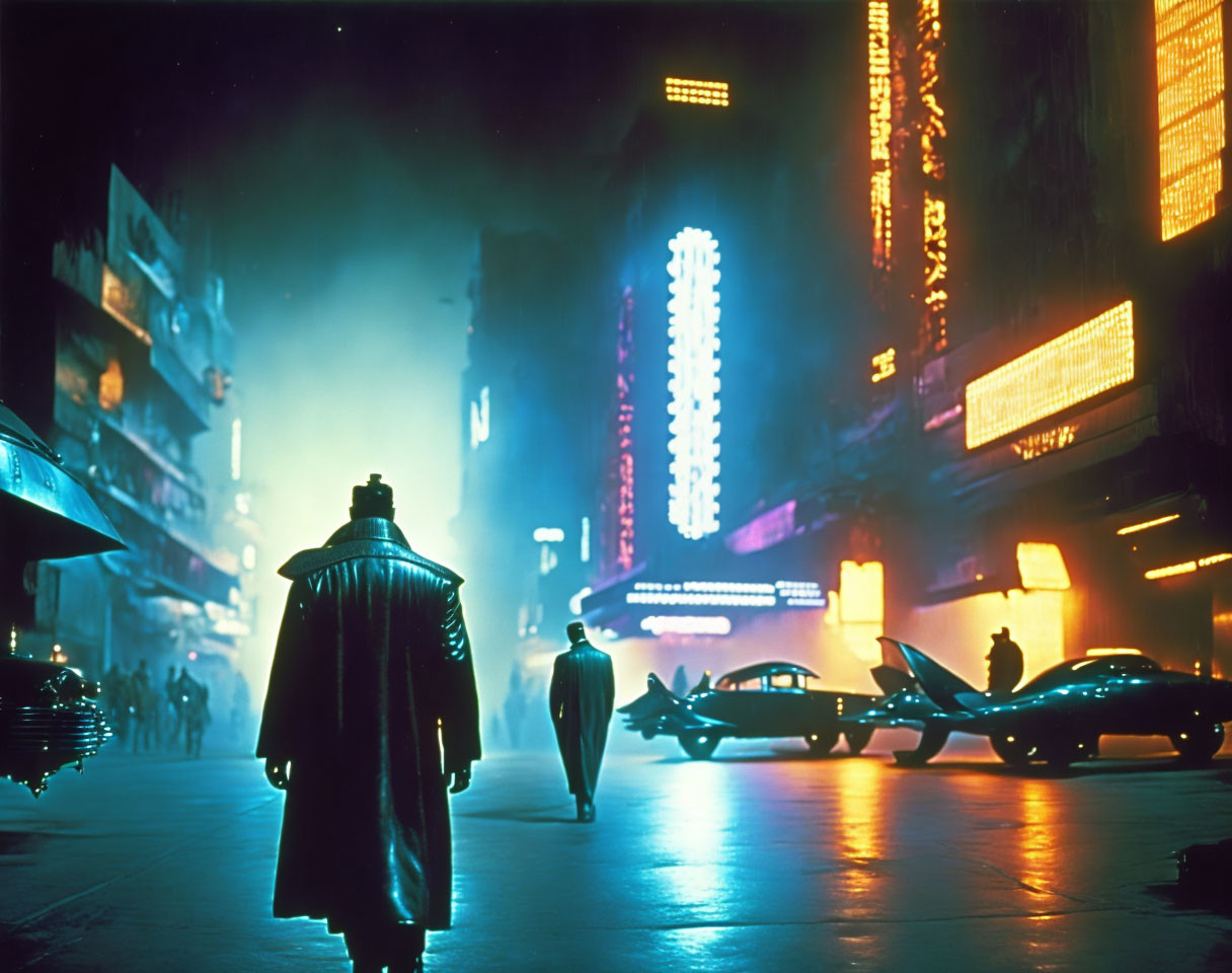 Person in trench coat walks in neon-lit futuristic city with flying cars.