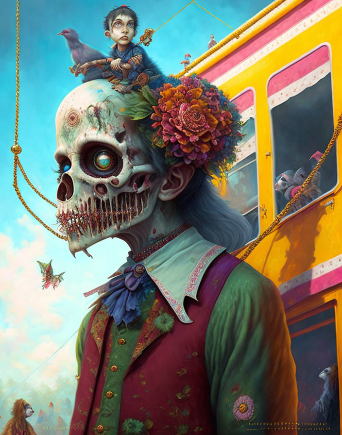 Surreal painting: giant skull, child, flower crown, colorful bus, birds, whimsical