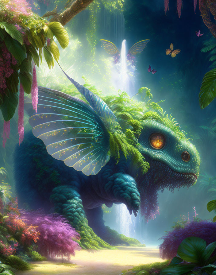 Green Dragon with Butterfly Wings in Enchanted Forest with Waterfalls