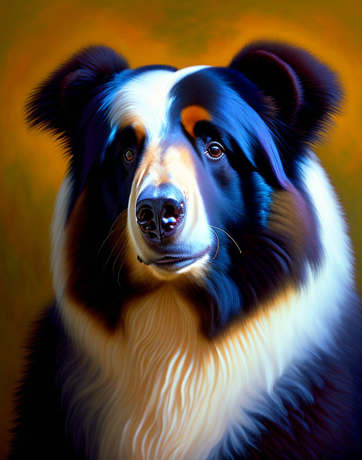 Colorful Portrait of Border Collie with Expressive Eyes on Yellow-Orange Background