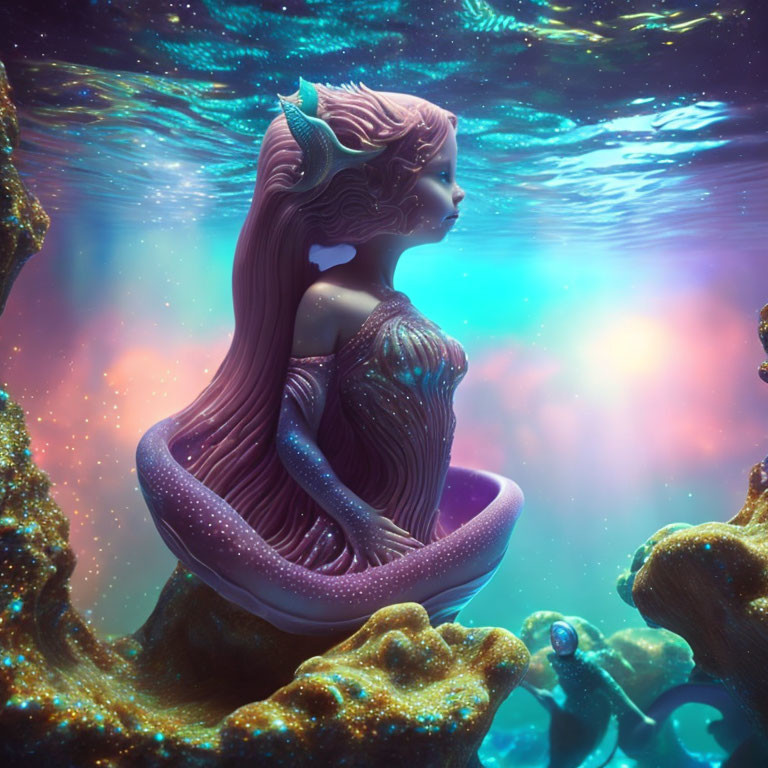 Fantasy illustration of a purple-scaled mermaid in underwater scene.