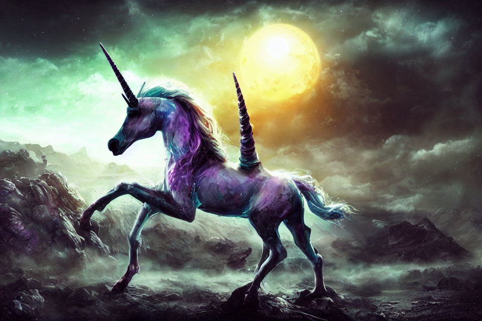 Majestic unicorn with purple mane on rocky landscape under dramatic sky