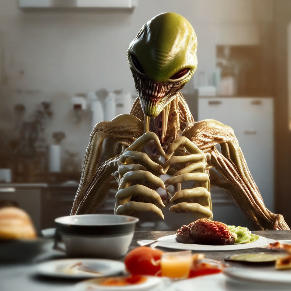 Elongated head alien with sharp teeth at breakfast table