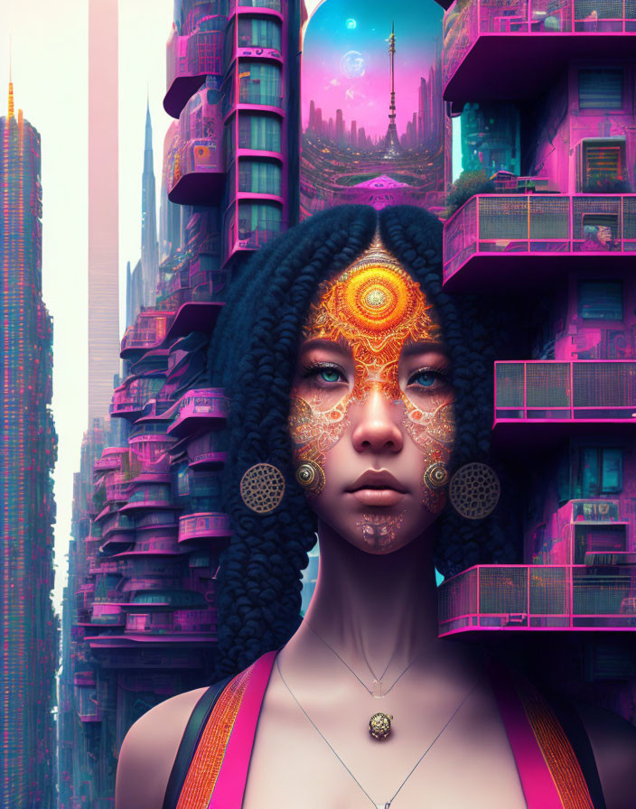 Intricate golden facial patterns against futuristic cityscape