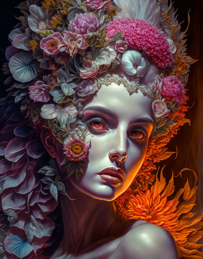 Portrait of Person with Floral Headpiece in Cool and Warm Tones