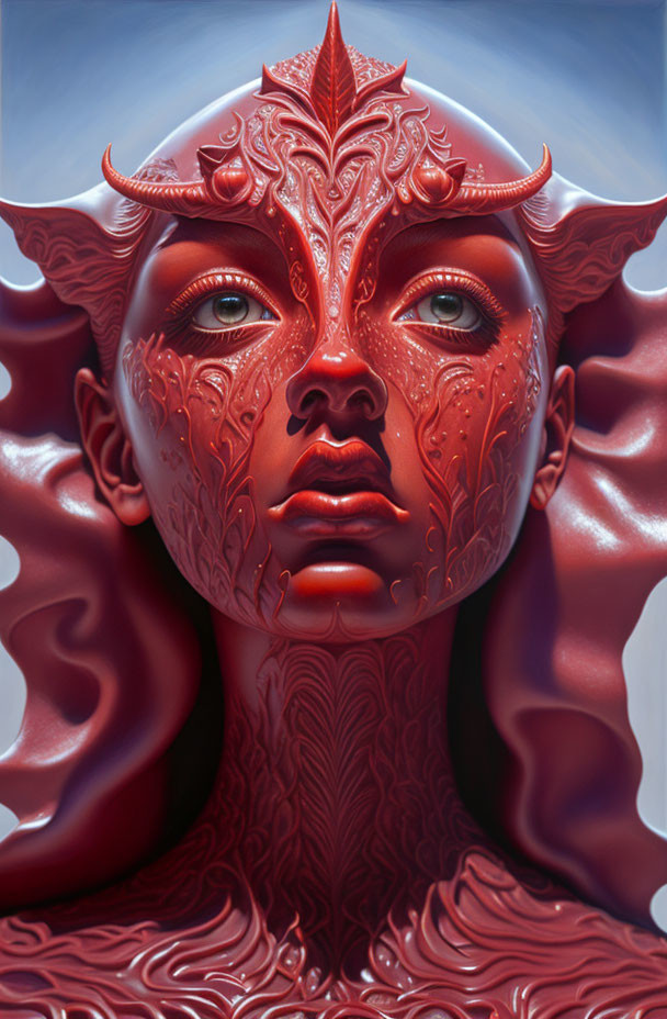 Fantastical creature digital painting with red skin and horn-like structures