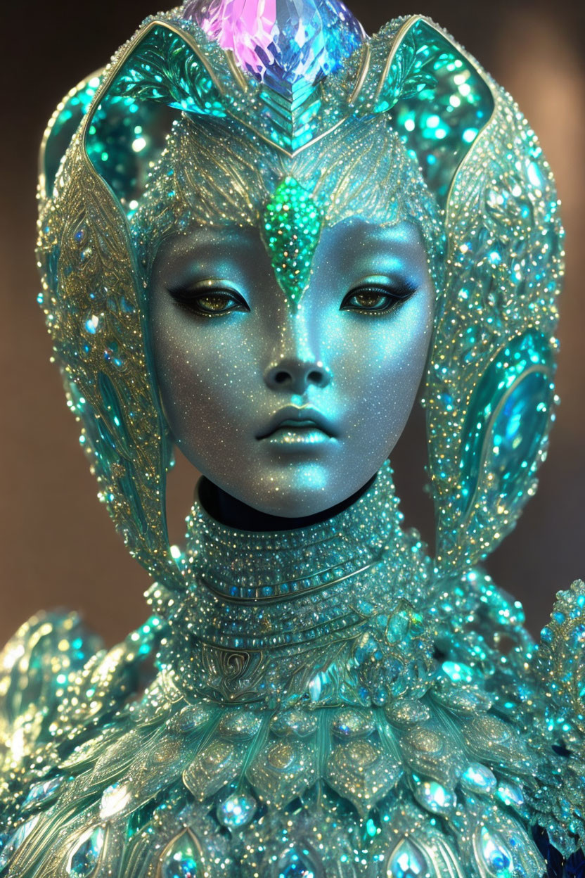 Detailed digital artwork: Teal-skinned figure in intricate jewel-encrusted attire