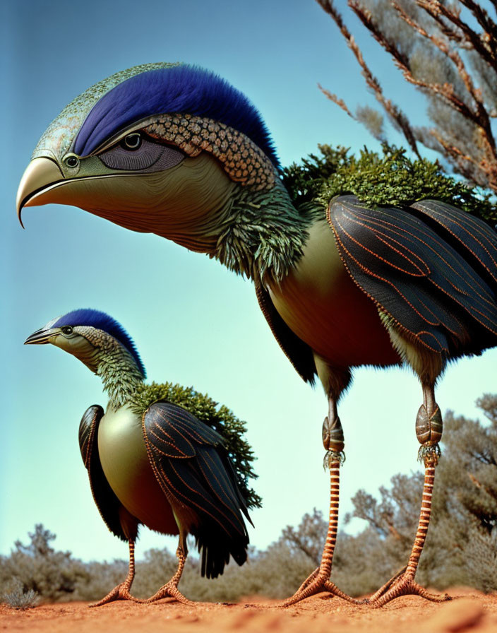 Blue feathered bird-like creatures with beaks and orange legs in desert.