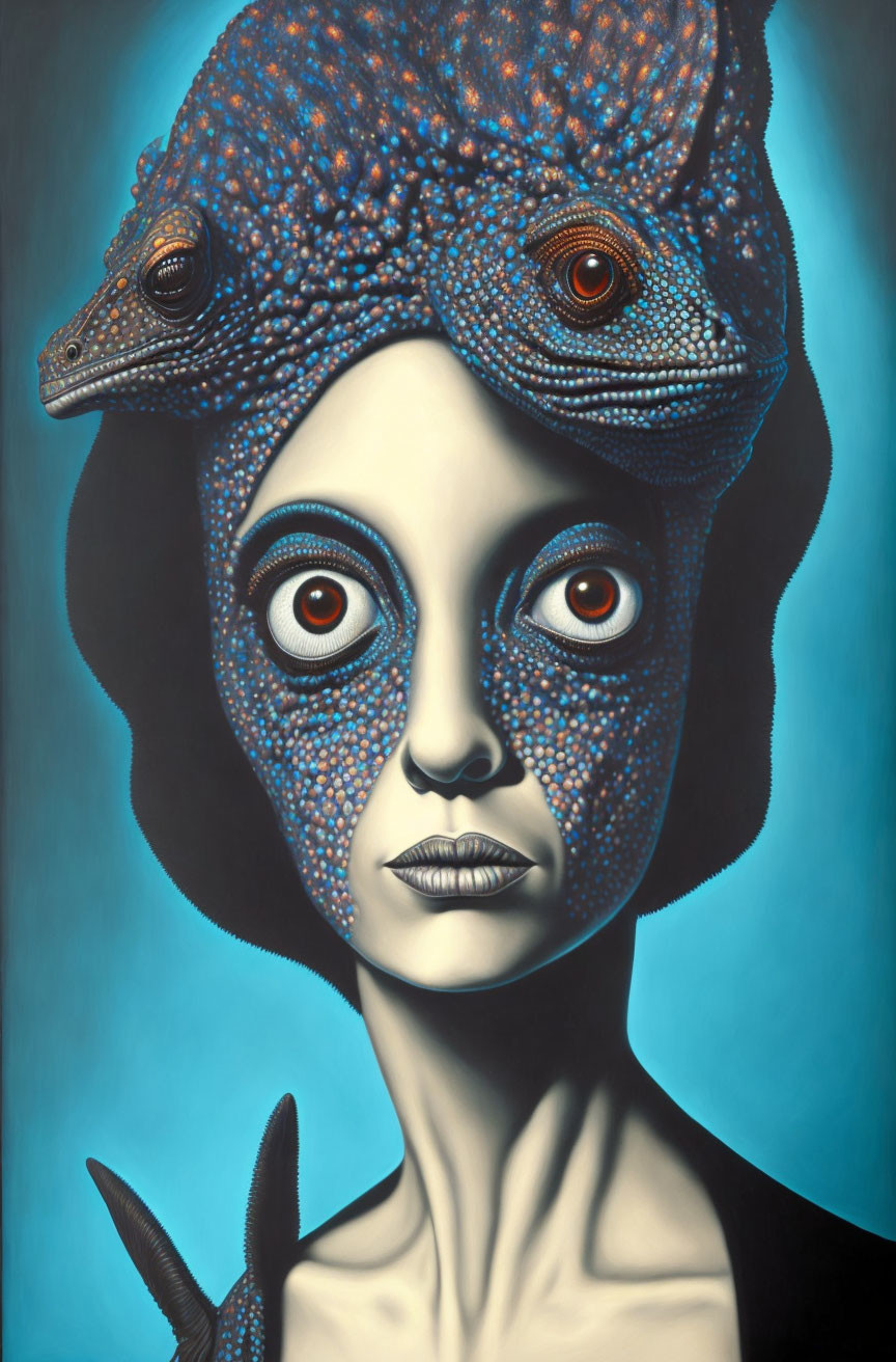 Person with Gecko Headpiece: Surreal Portrait with Blue Dotted Skin