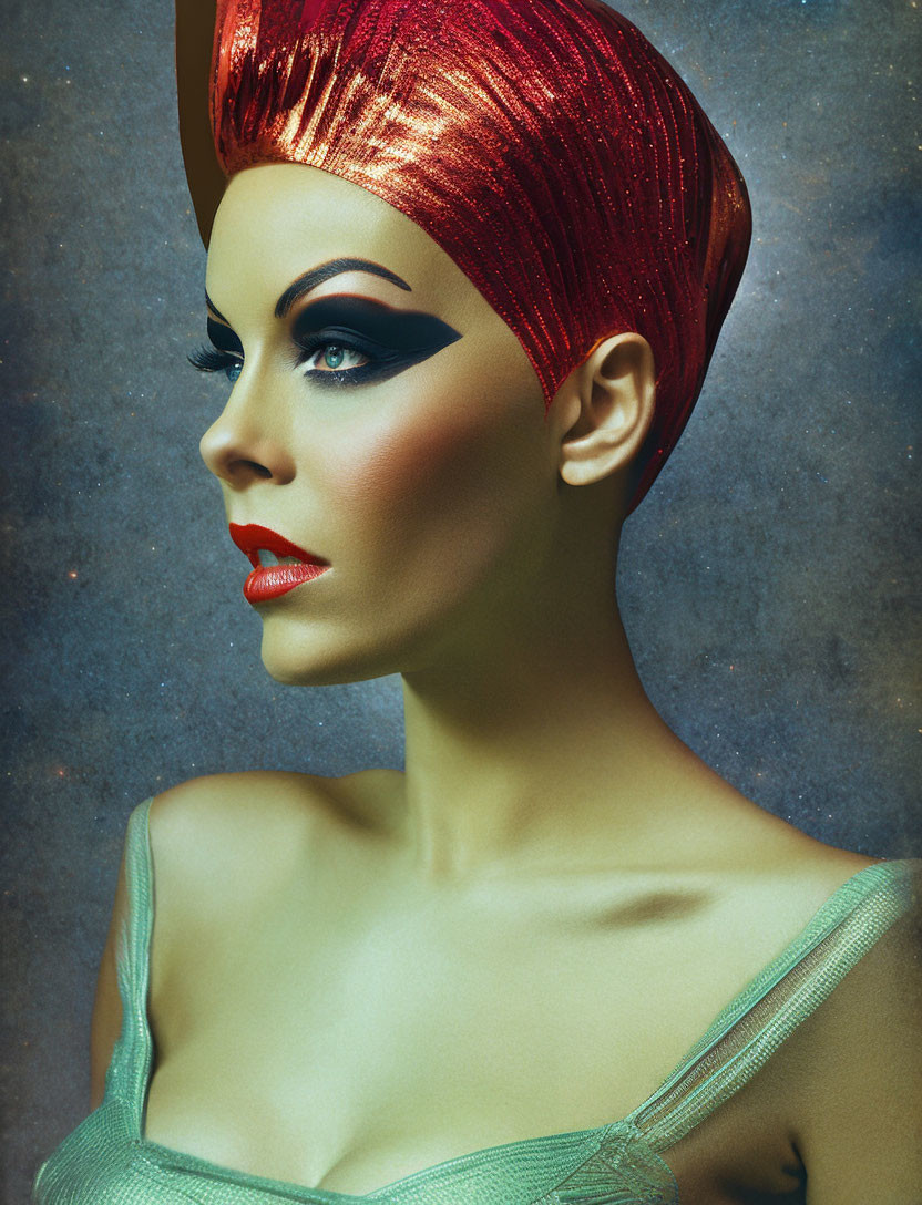 Red-haired woman with sleek updo and bold makeup on textured background