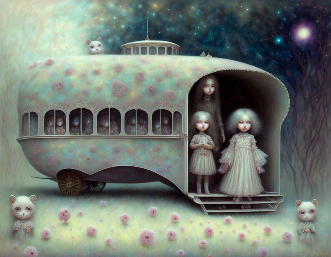 Whimsical painting: Three girls in vintage dresses with cat-like creatures under starry sky