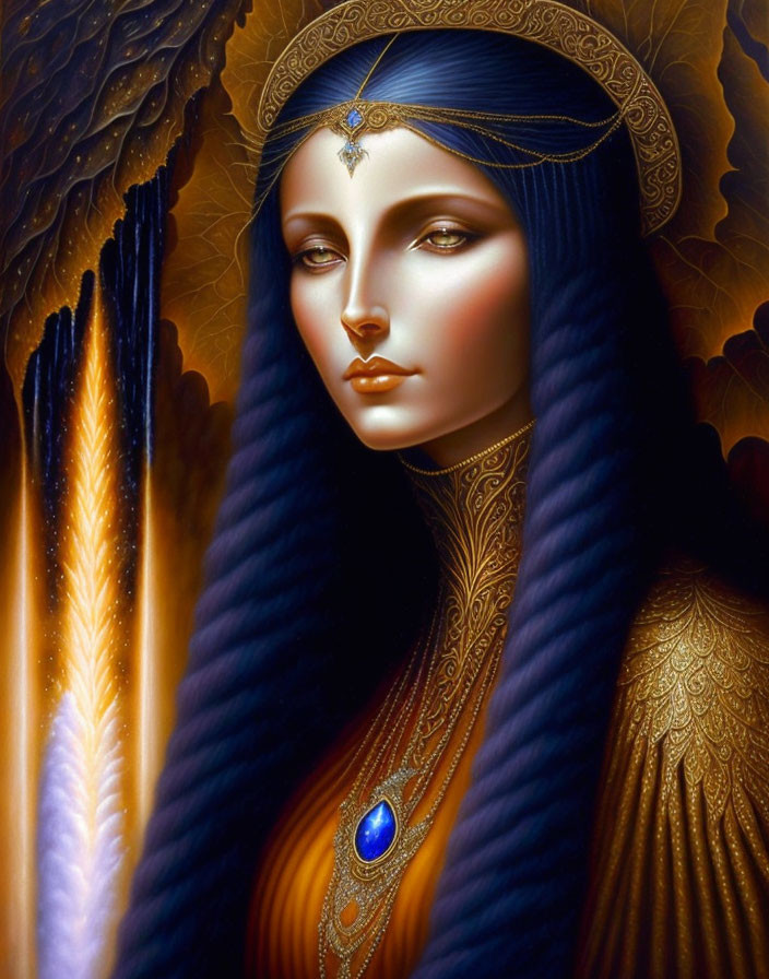 Stylized portrait of woman with blue hair, golden attire, and jeweled headpiece surrounded by