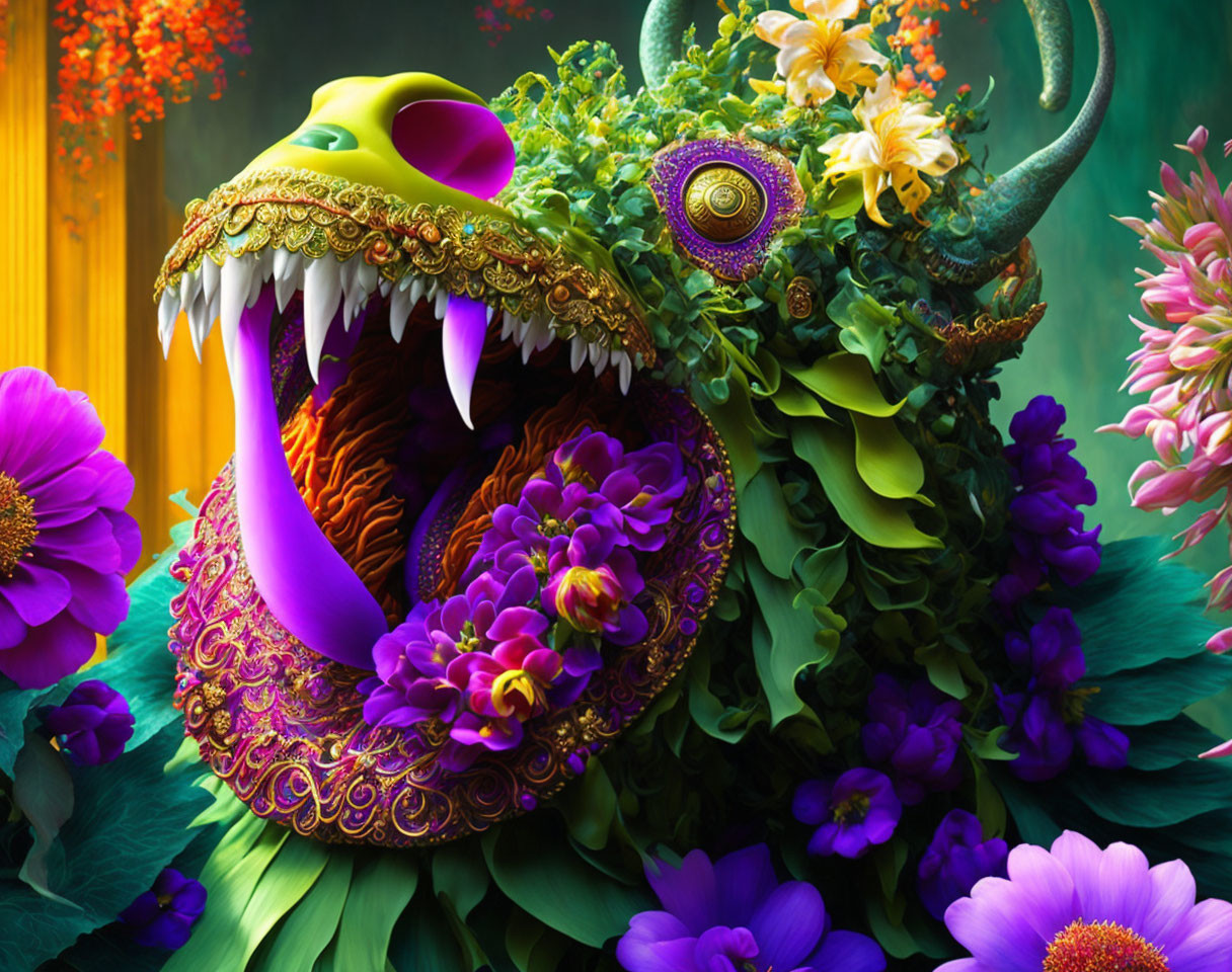 Colorful creature with floral textures and sharp teeth in vibrant artwork