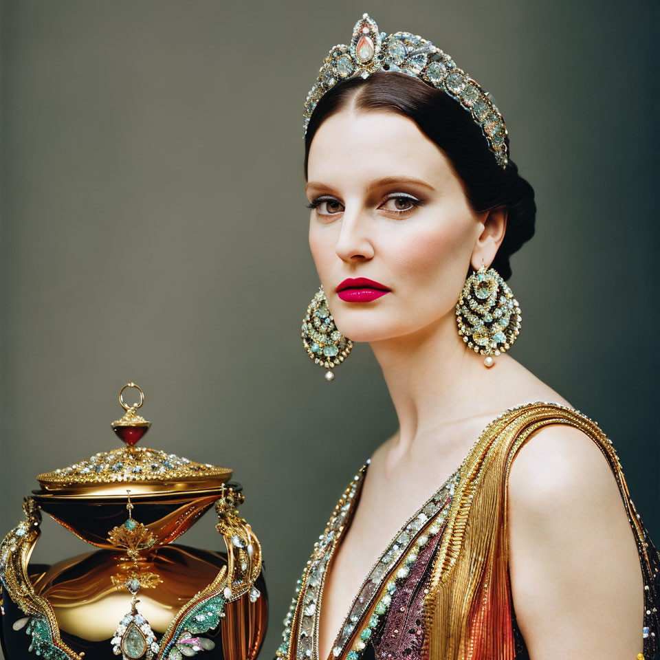 Elegant woman in jeweled headpiece and gold dress holding trophy