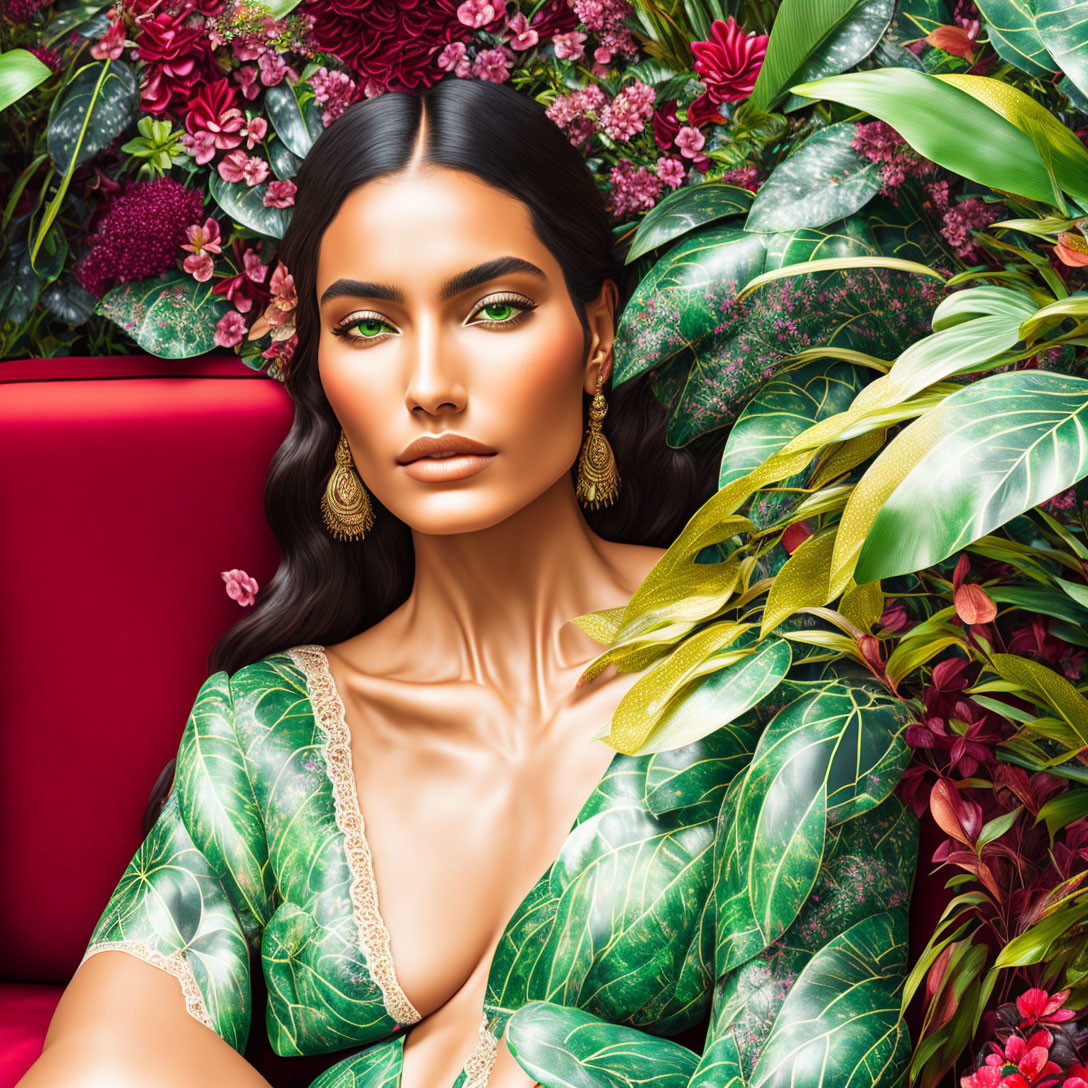 Woman with Green Eye Makeup Surrounded by Vibrant Flowers