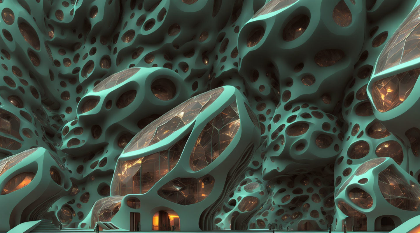 Futuristic alien architecture: organic, porous structure with glowing teal interiors