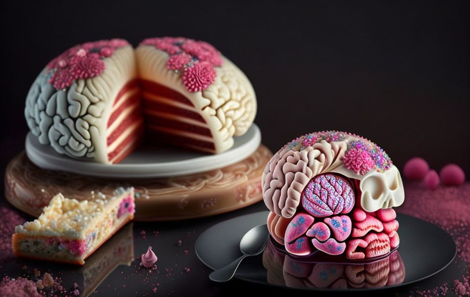 Detailed Fondant Human Brain Dessert Presentation with Pink Accents