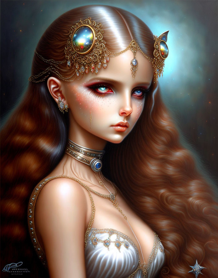 Digital portrait of a woman with long flowing hair and intricate golden jewelry.